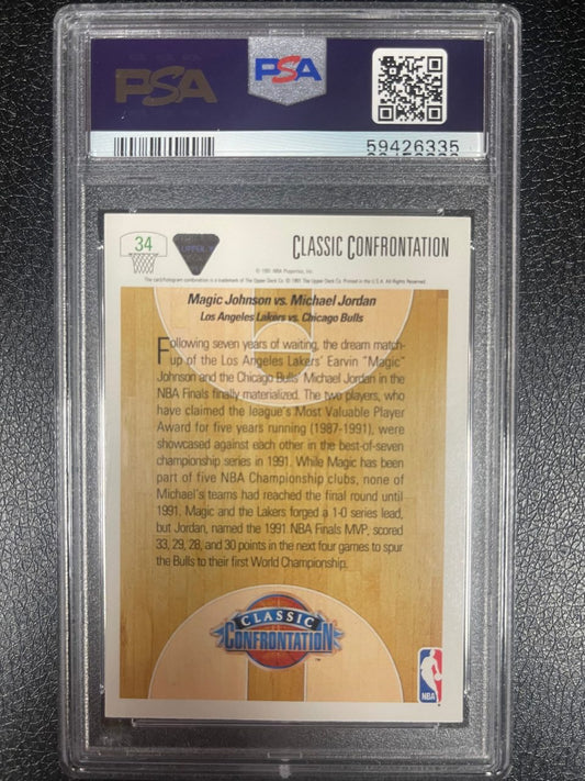 PSA-graded Magic Johnson and Michael Jordan 1991 Upper Deck Classic Confrontation card #34, back view.