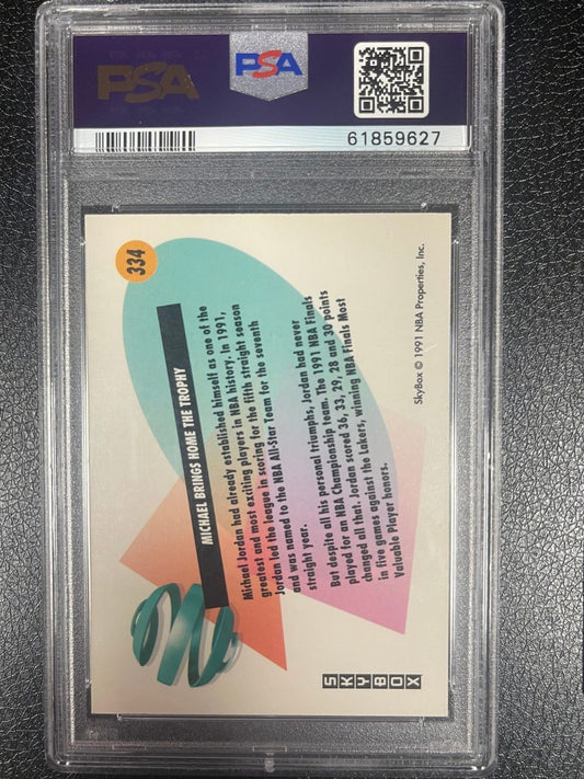Back of 1991 SkyBox Michael Jordan card #334, graded PSA.