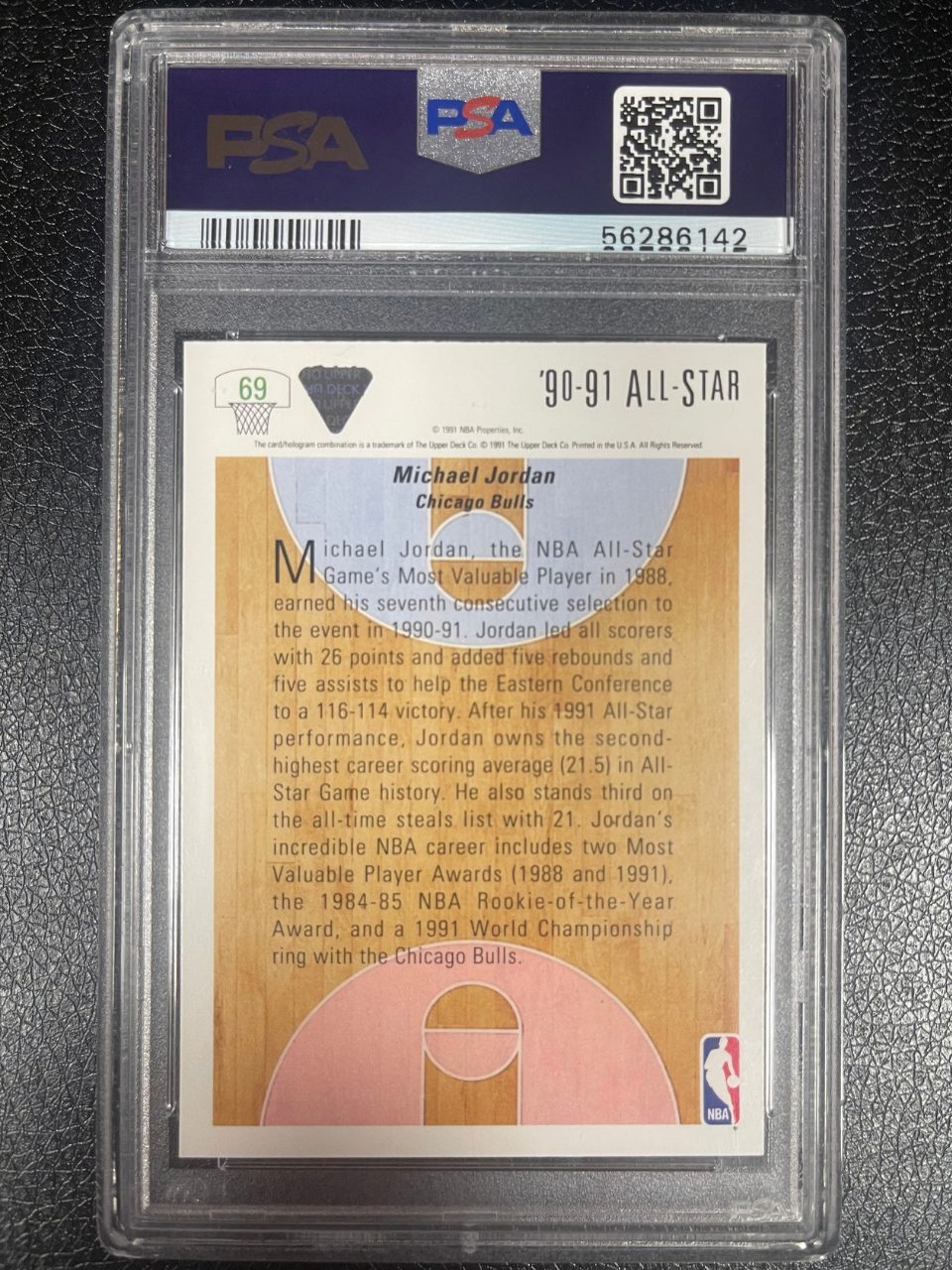 PSA-graded 1990-91 Upper Deck Michael Jordan All-Star card back, #69.