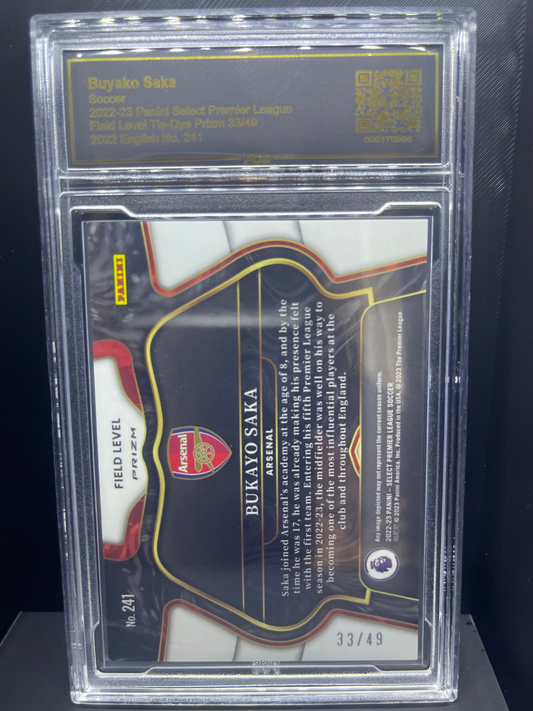 2022-23 Panini Select Bukayo Saka card #241, Field Level Tie-Dye Prizm 33/49, PCG slabbed.