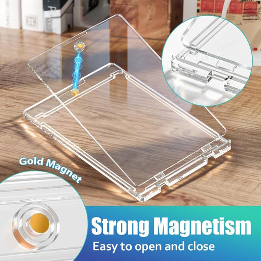 Empty clear acrylic magnetic trading card holder on a wooden surface with two inset detail circles.