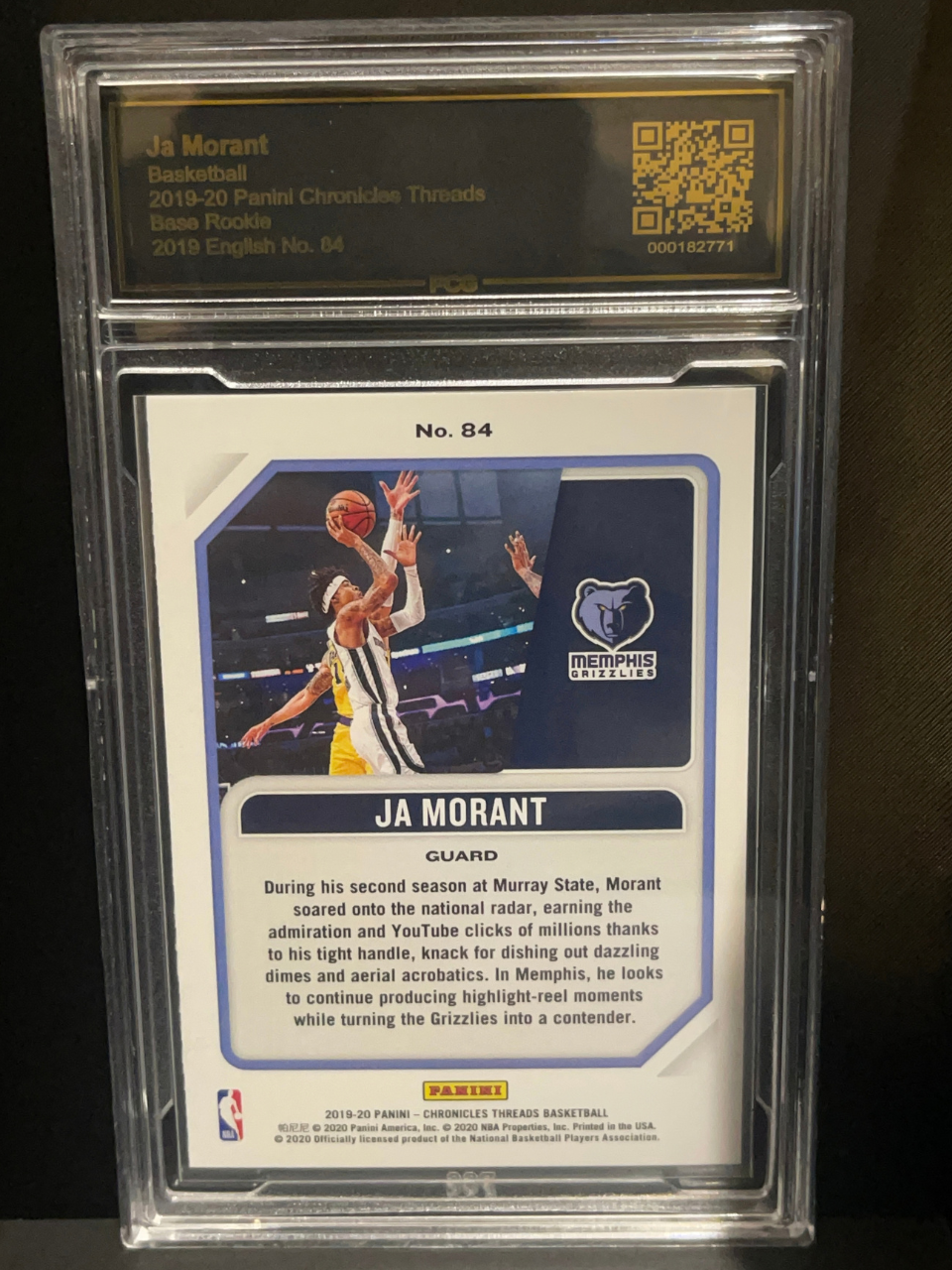 2019-20 Panini Chronicles Threads Ja Morant rookie trading card, number 84, in a slab.