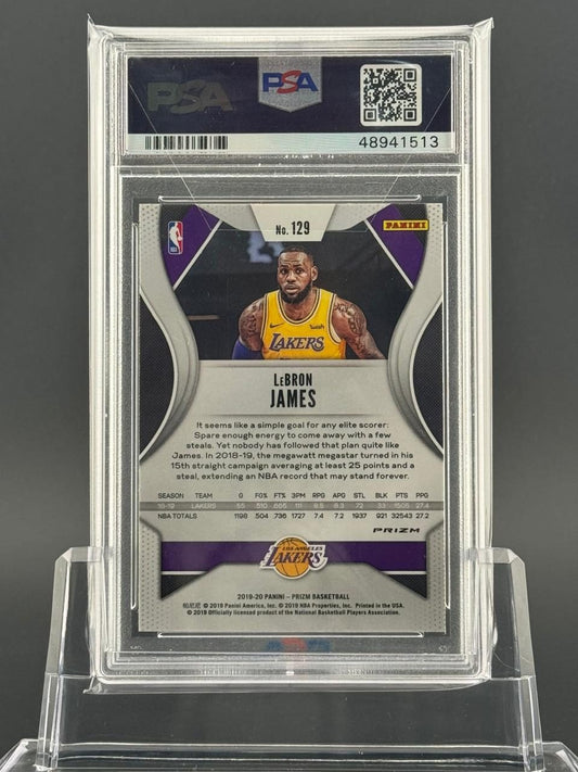 2019-20 Panini Prizm LeBron James card #129, back side view in a PSA graded slab.