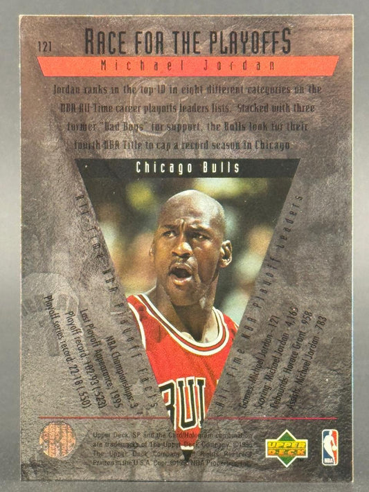 1996 Upper Deck Michael Jordan Race for the Playoffs #121 basketball card back.
