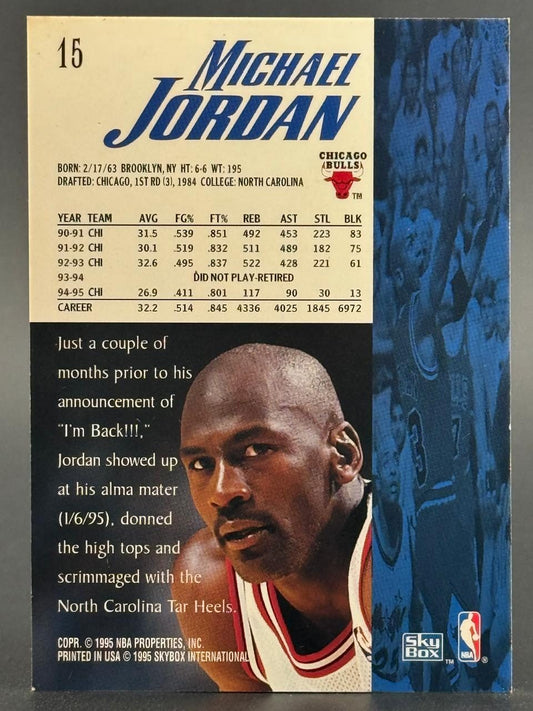 1995 SkyBox Michael Jordan trading card back, number 15, with statistics, photo, and biographical text.