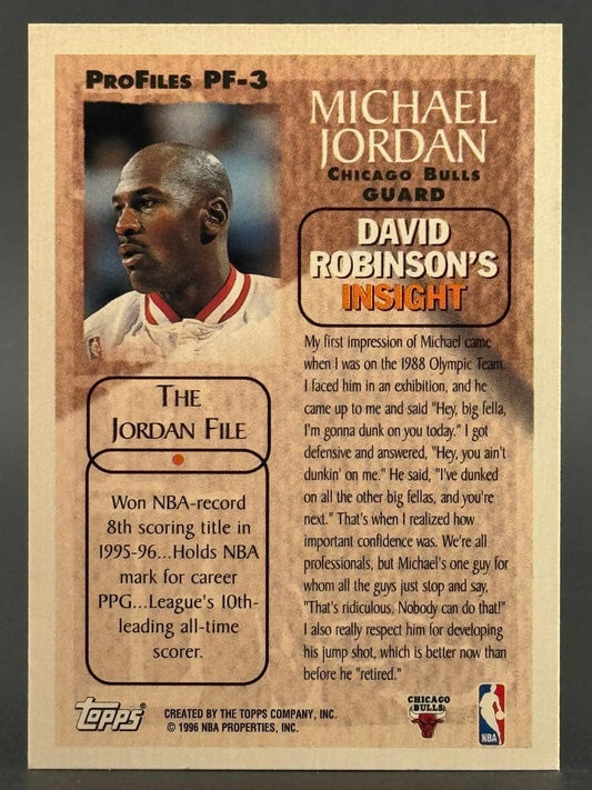 1996 Topps Michael Jordan ProFiles card PF-3, reverse side, showing player stats and commentary.
