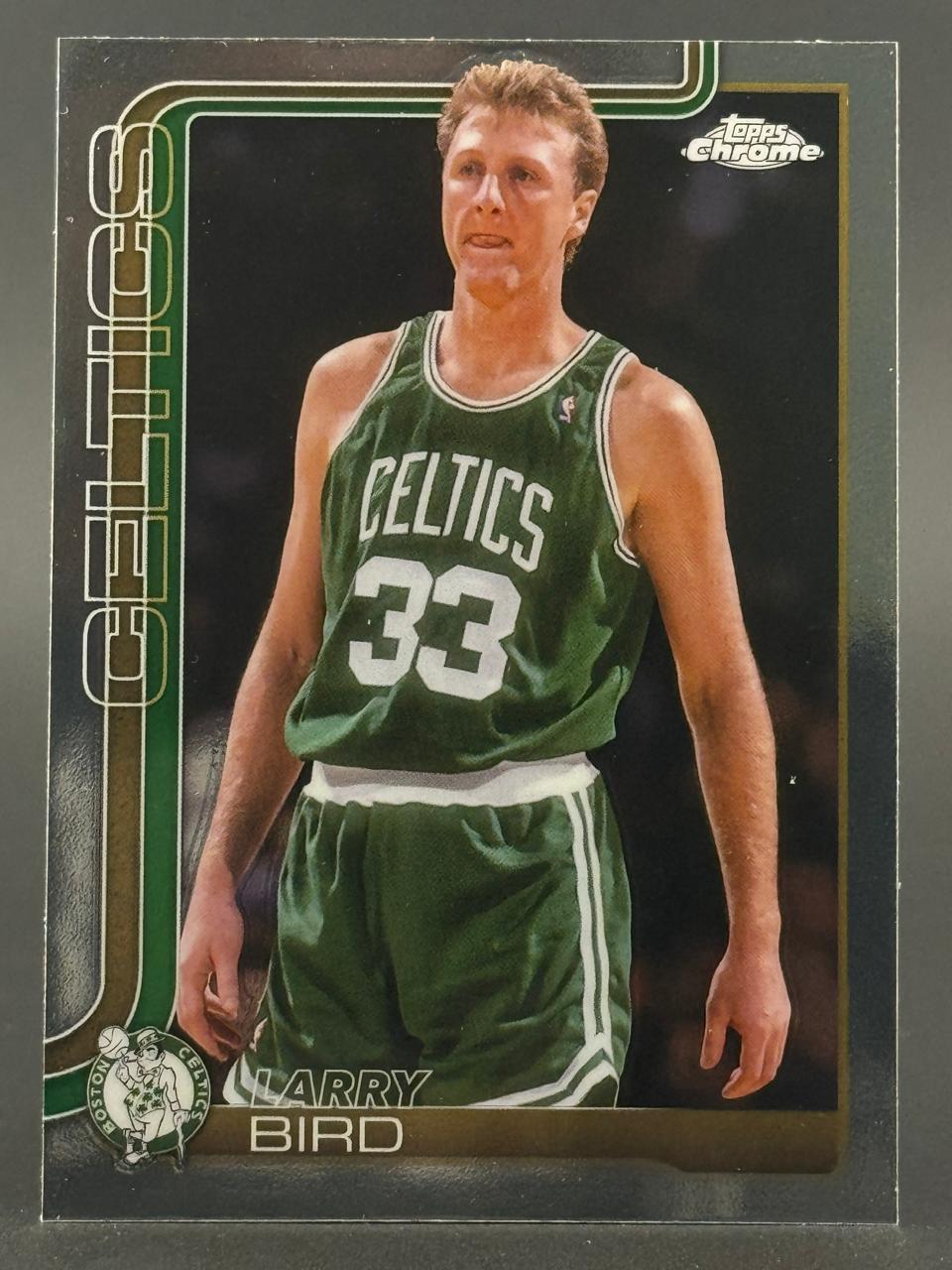 Larry Bird Topps Chrome basketball card showing him in his Boston Celtics uniform.