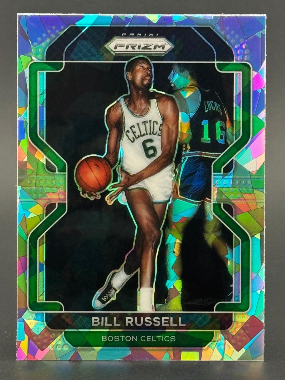 Bill Russell Boston Celtics Panini Prizm trading card with a colorful cracked-ice foil border.