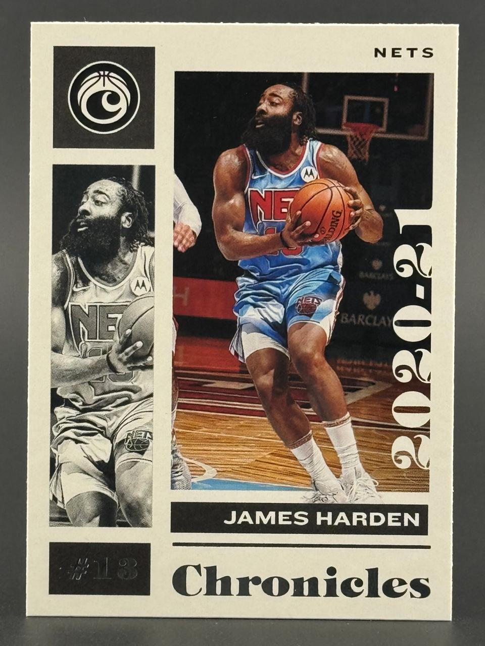 2020-21 Chronicles James Harden trading card featuring two photos of Harden in a Brooklyn Nets uniform.