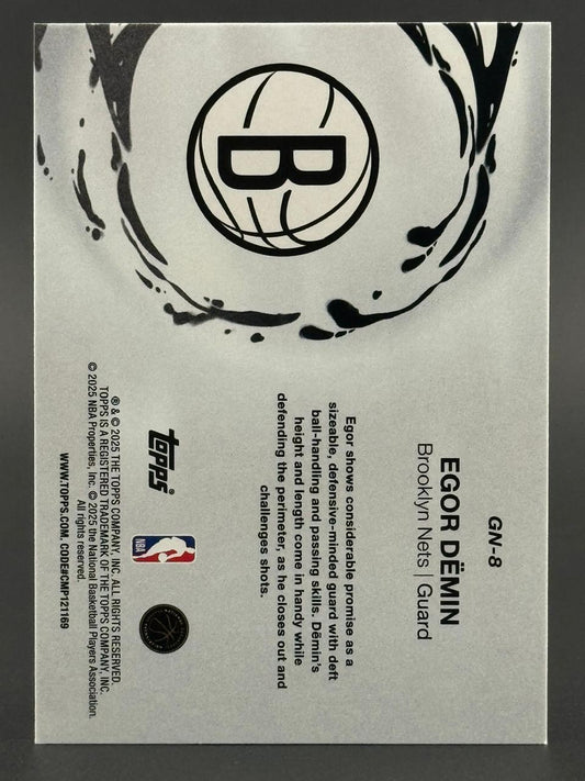 2025 Topps Egor Demin Brooklyn Nets basketball card, card GN-8, back view.