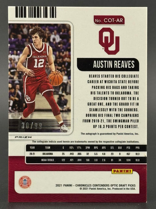 2021 Panini Chronicles Contenders Optic Draft Picks Austin Reaves basketball card, No. COT-AR, serial-numbered 30/99.