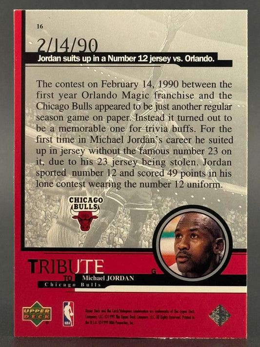 1999 Upper Deck Michael Jordan Tribute card #16, reverse view.