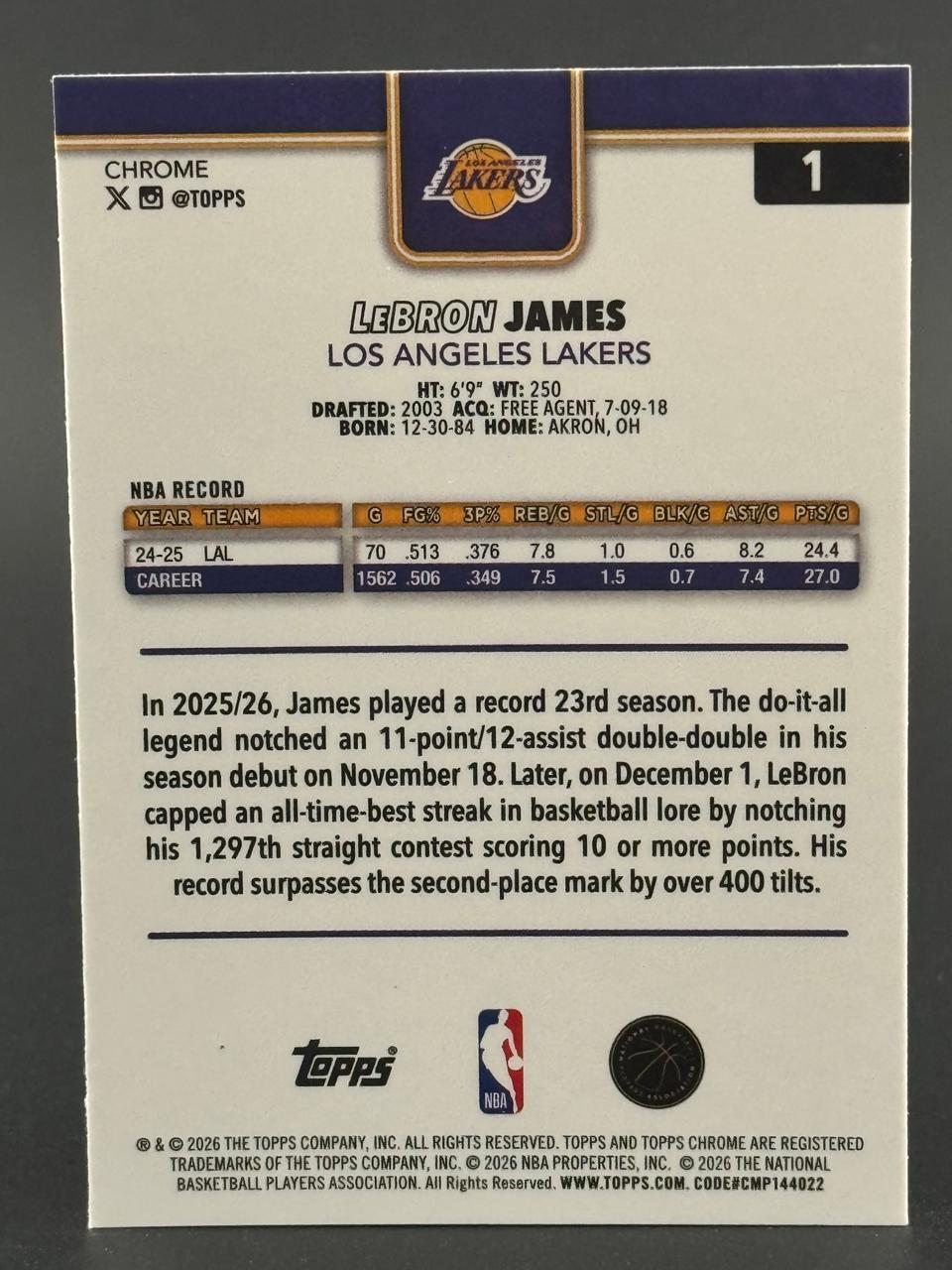 LeBron James 2025-26 Topps Chrome Update #1 LeBron James Red White and Blue Refractor
