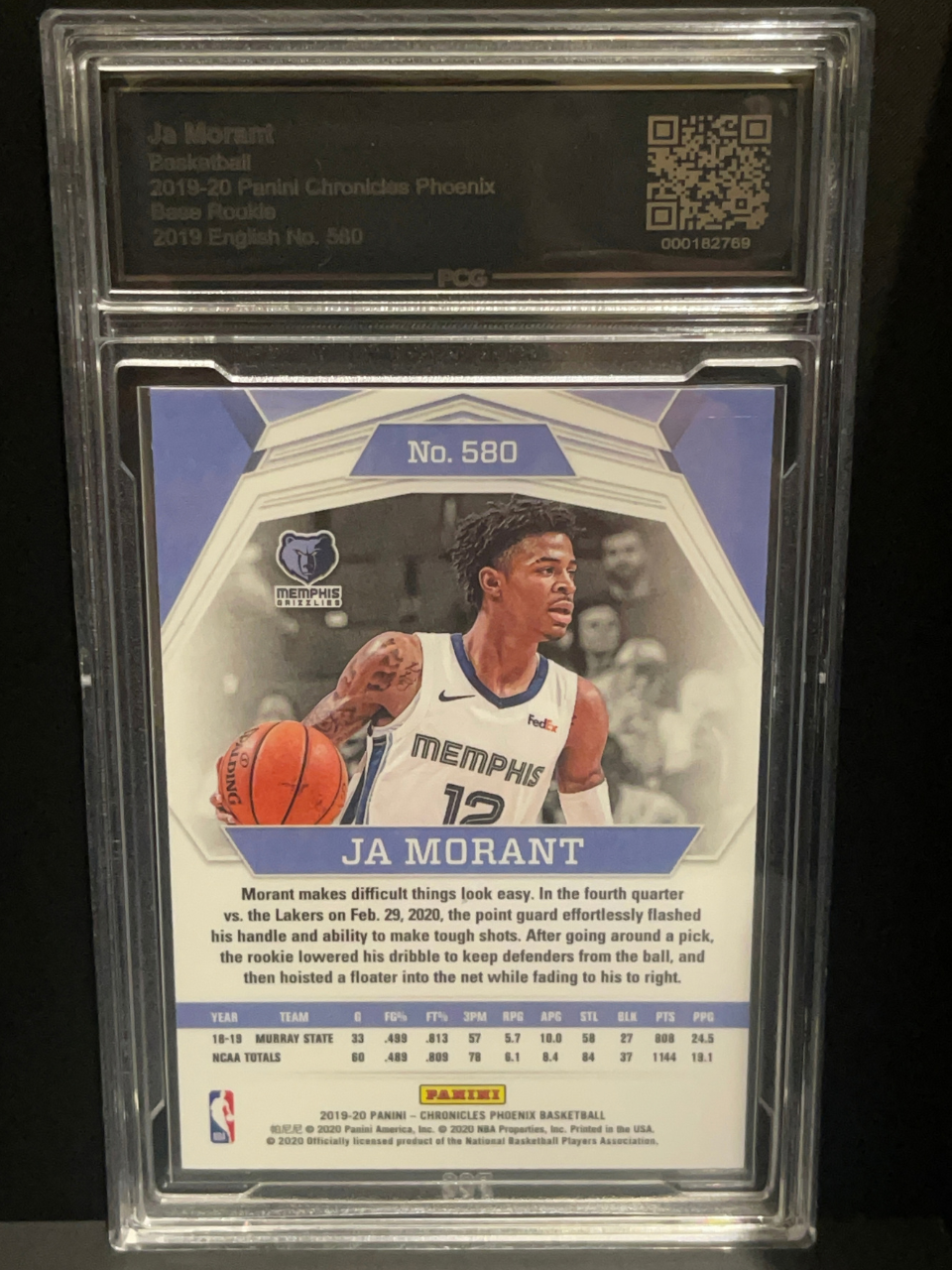 2019-20 Panini Chronicles Phoenix Ja Morant Base Rookie card #580 in PCG holder (back visible).