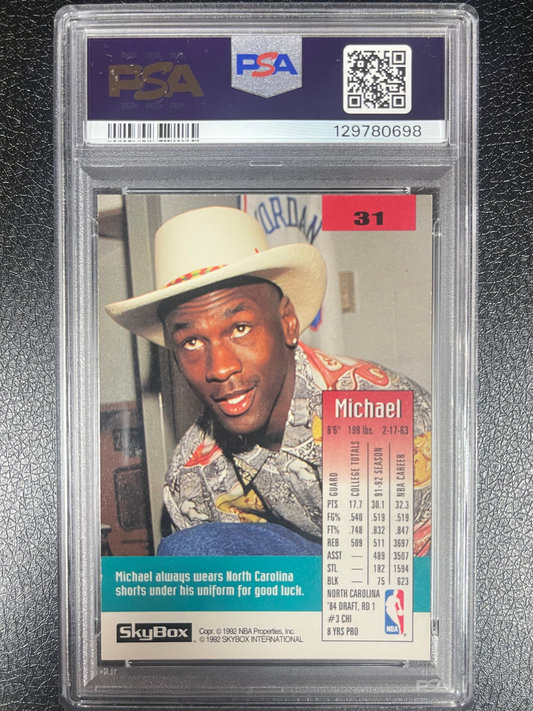 1992 SkyBox Michael Jordan #31 card showing him in a cowboy hat, graded PSA.
