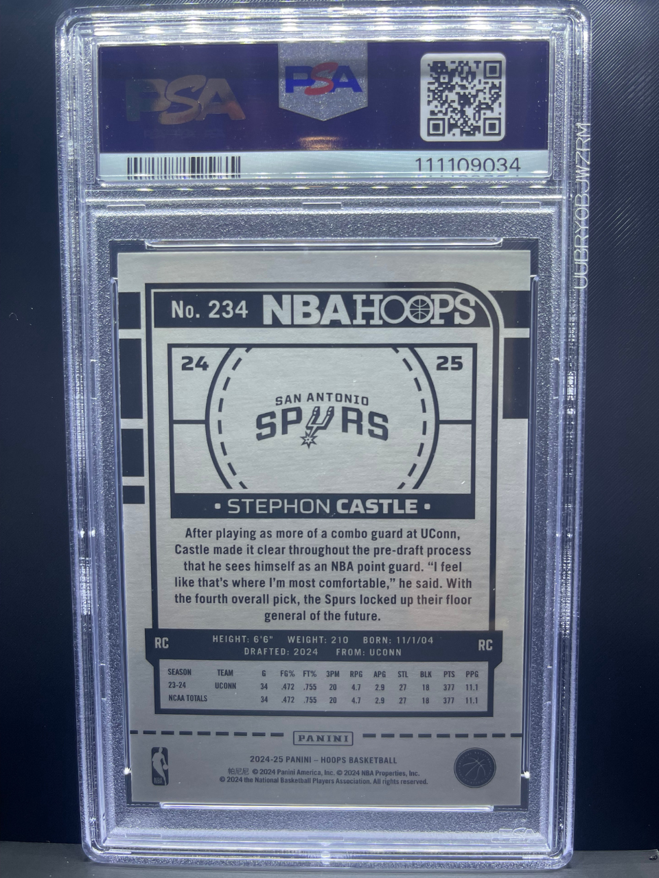 2024-25 NBA Hoops Stephon Castle card #234 (back), San Antonio Spurs, PSA slab.