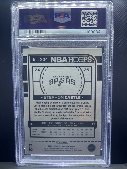 2024-25 NBA Hoops Stephon Castle card #234 (back), San Antonio Spurs, PSA slab.