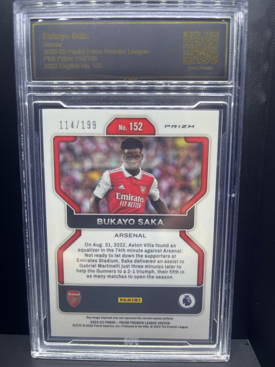 2022-23 Panini Prizm Premier League Bukayo Saka card #152 (114/199), graded slab.
