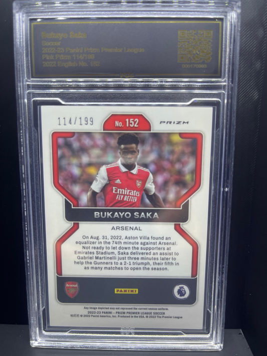 2022-23 Panini Prizm Premier League Bukayo Saka card #152 (114/199), graded slab.