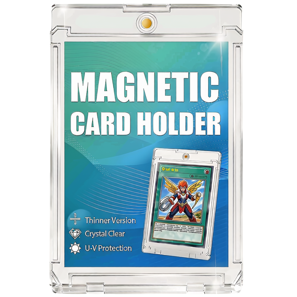 Clear magnetic card holder containing a green-framed trading card featuring a winged character.