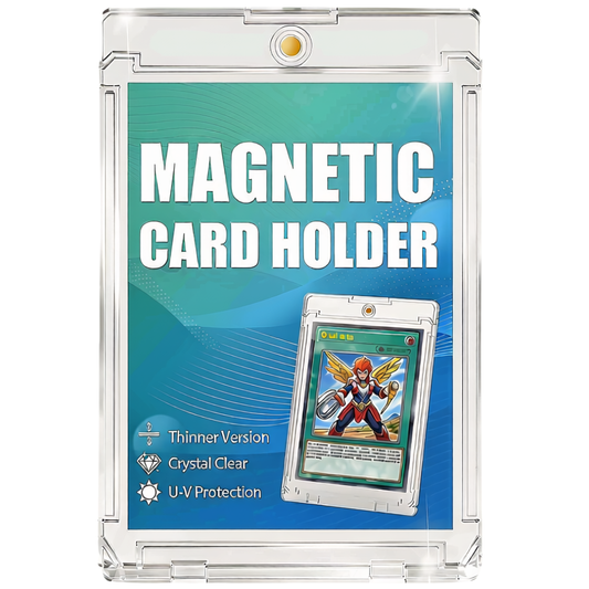 Clear magnetic card holder containing a green-framed trading card featuring a winged character.