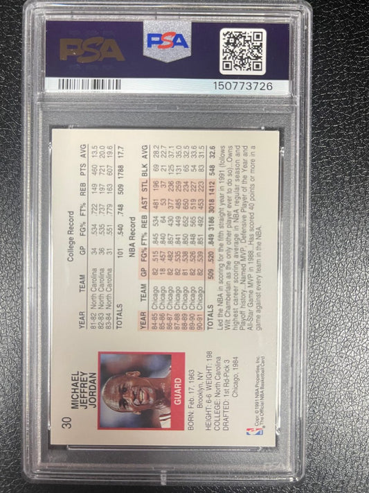 PSA slab showing the back of a 1991 Michael Jordan card #30 with career stats.