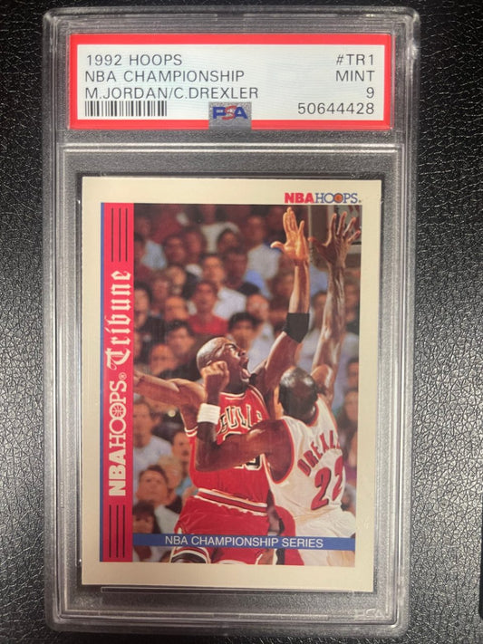 PSA 9 Mint 1992 Hoops NBA Championship #TR1 card featuring Michael Jordan and Clyde Drexler.