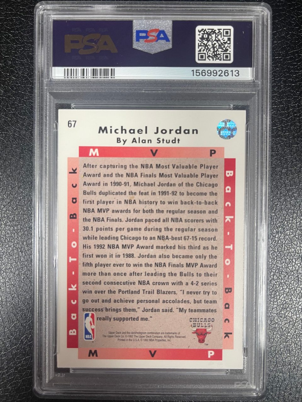 1992 Upper Deck Michael Jordan card #67, back view, in a PSA graded slab.