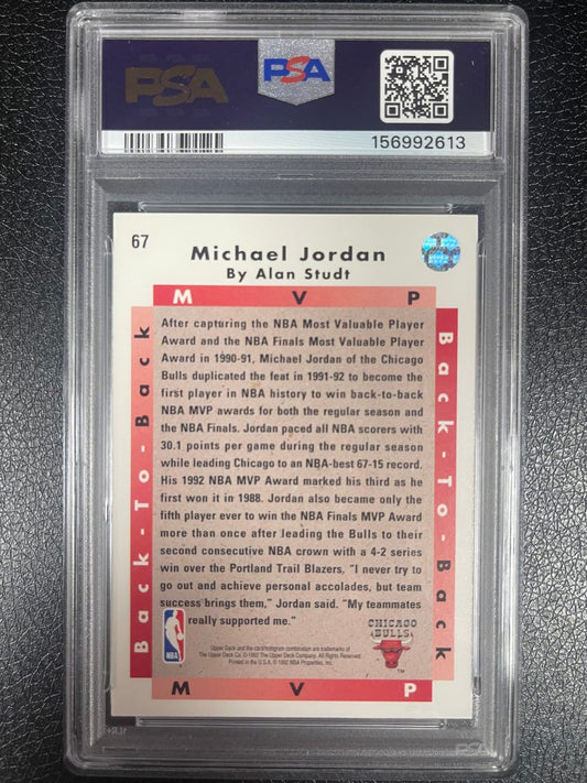 1992 Upper Deck Michael Jordan card #67, back view, in a PSA graded slab.