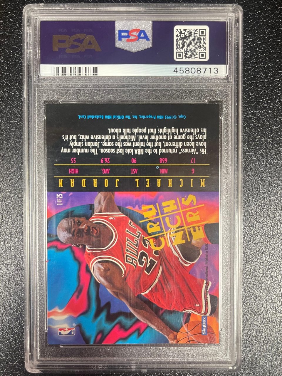 Michael Jordan 1995 SkyBox card in PSA holder showing card back, player stats, and inverted action photo.