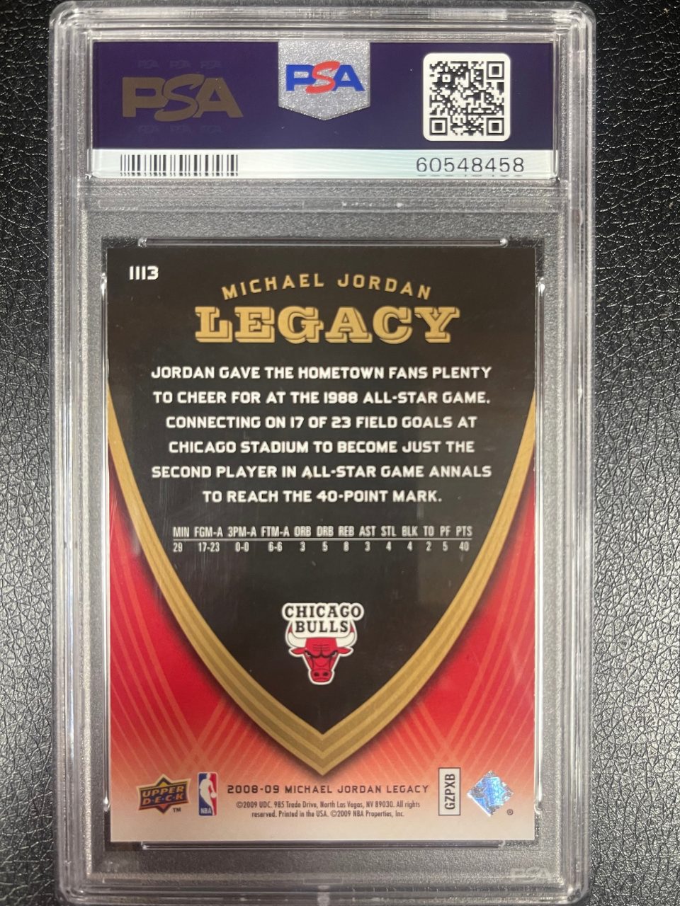 Back of 2008-09 Michael Jordan Legacy trading card, card 1113, encapsulated by PSA.
