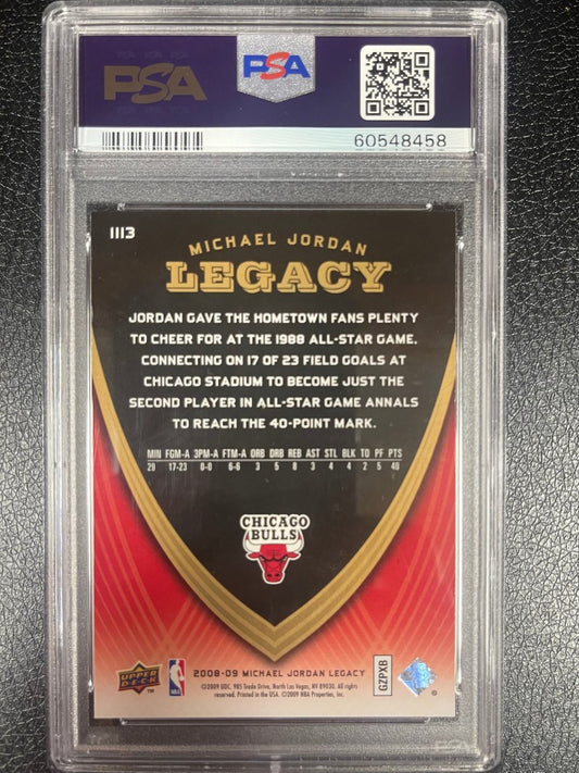 Back of 2008-09 Michael Jordan Legacy trading card, card 1113, encapsulated by PSA.