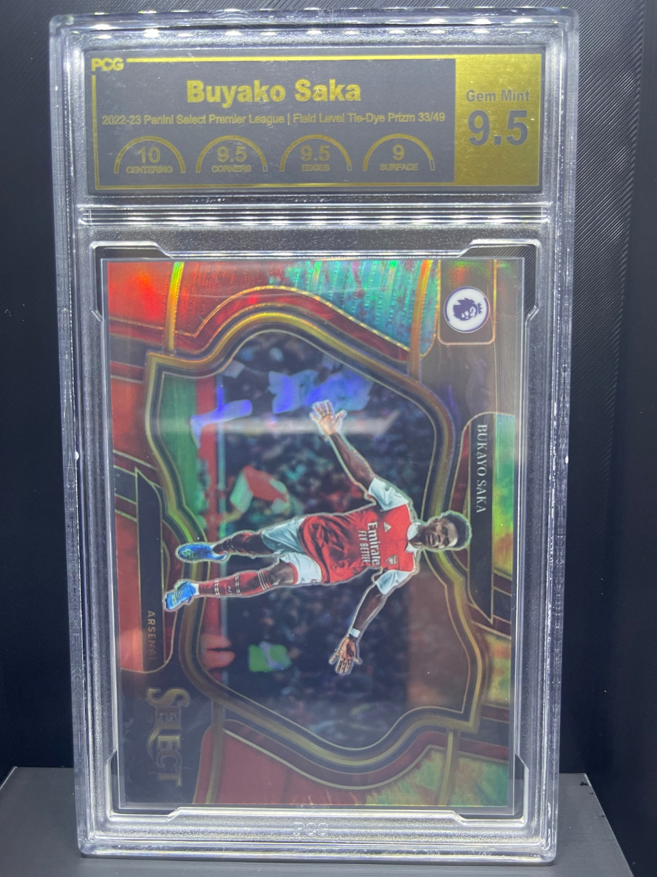 2022-23 Panini Select Bukayo Saka Tie-Dye Prizm 33/49, PCG 9.5 Gem Mint.