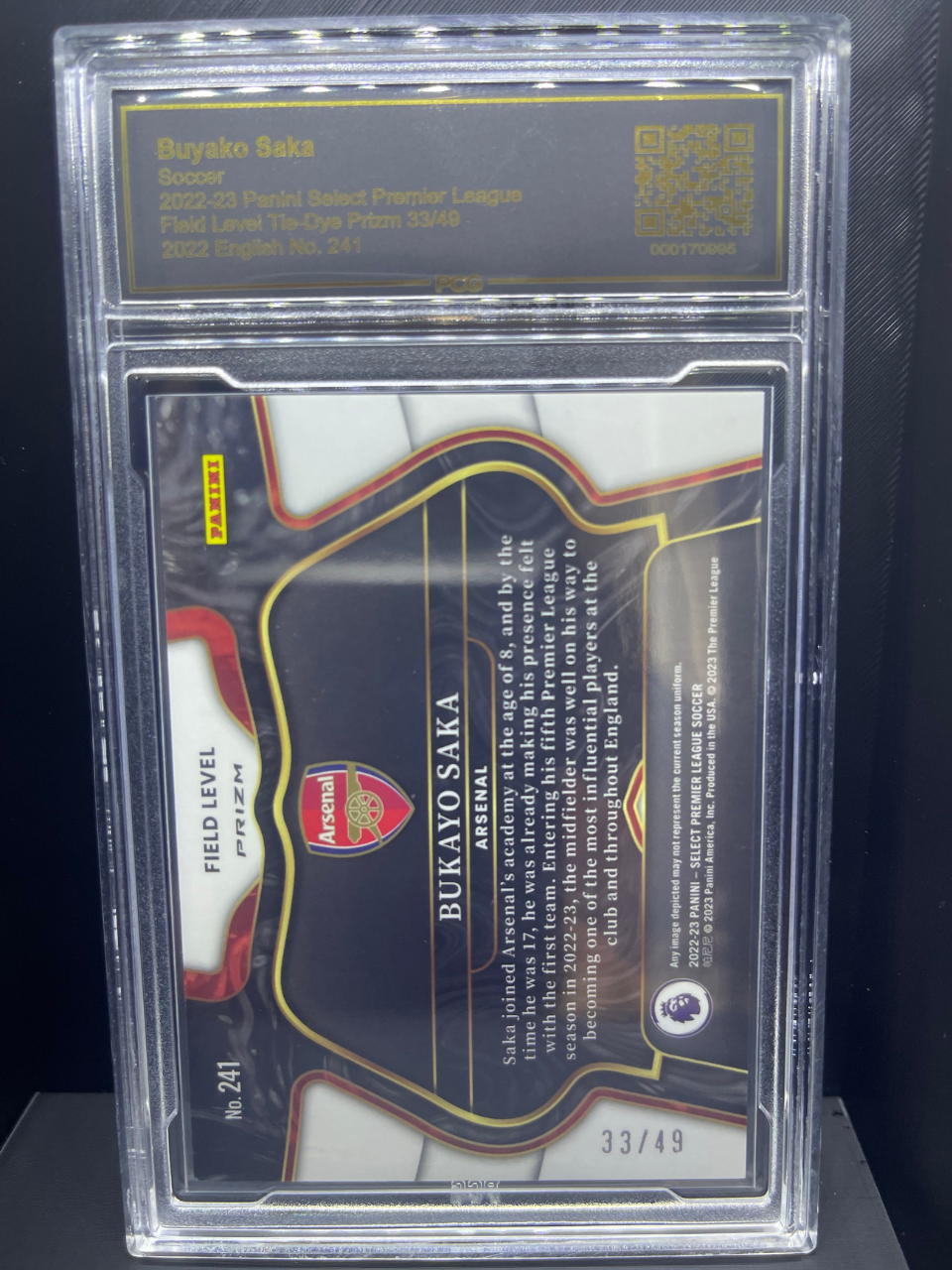 2022-23 Panini Select Bukayo Saka card #241, Field Level Tie-Dye Prizm 33/49, PCG slabbed.