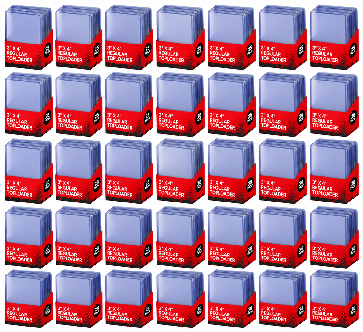 Thirty-five packs of 3" x 4" regular toploaders, each containing 25 clear plastic card holders.