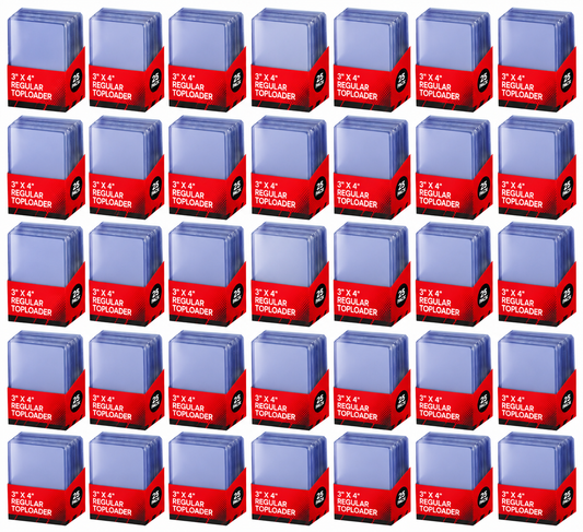 Thirty-five packs of 3" x 4" regular toploaders, each containing 25 clear plastic card holders.