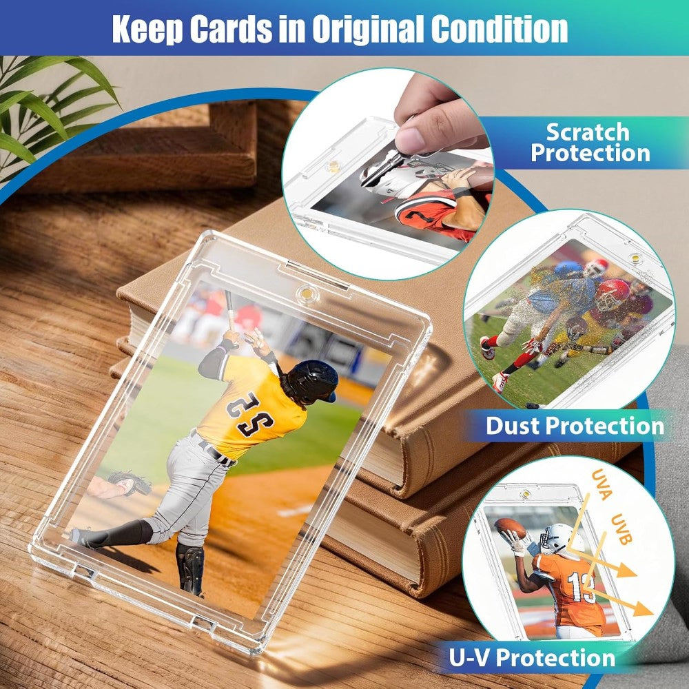 Three trading card protectors holding various sports cards on a wooden table.