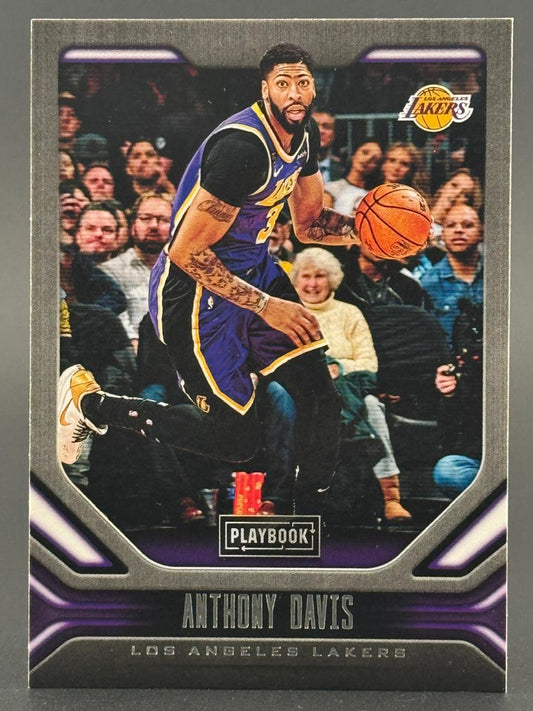 Anthony Davis 2020-21 Panini Playbook basketball card, showing him dribbling in a Lakers uniform.