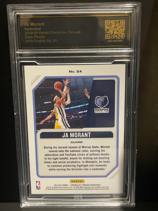 2019-20 Panini Chronicles Threads Ja Morant rookie trading card, number 84, in a slab.