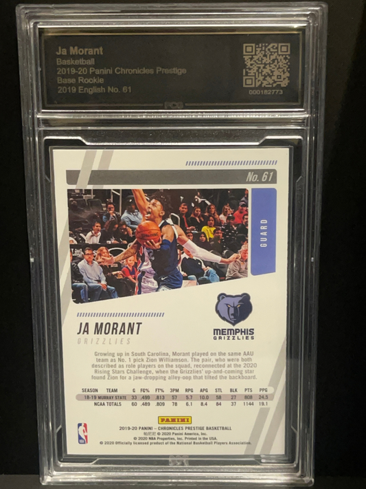 Graded 2019-20 Panini Chronicles Prestige Ja Morant Base Rookie card no. 61.