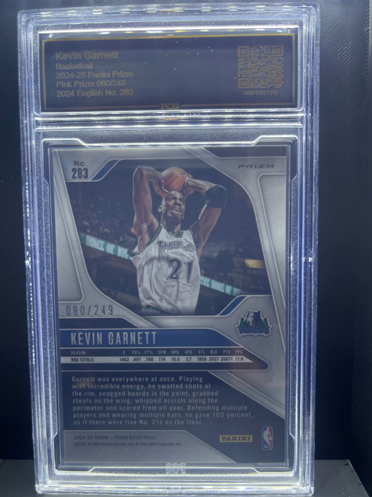 2024-25 Panini Prizm Pink Prizm Kevin Garnett card 283, numbered 080/249, in PCG slab.