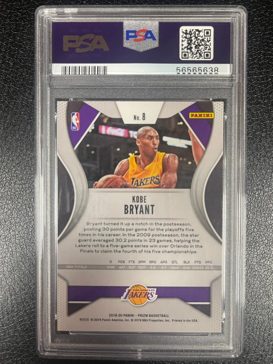 2019-20 Panini Prizm Kobe Bryant card #8, back view, graded PSA.