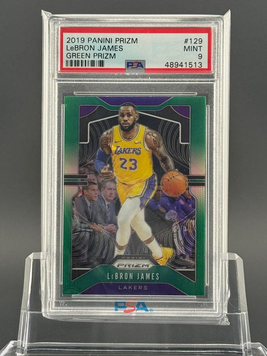 PSA 9 graded 2019 Panini Prizm Green Prizm LeBron James card #129, Lakers.