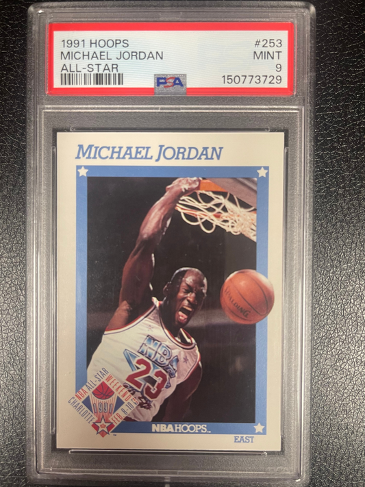 PSA 9 Mint 1991 Hoops Michael Jordan All-Star card #253, showing him dunking.