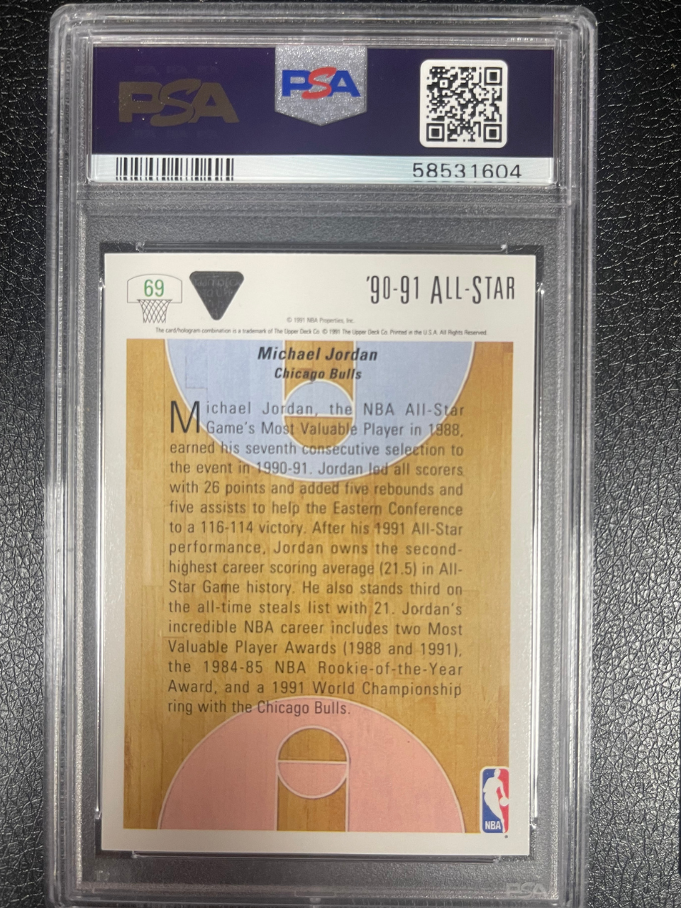 1990-91 Upper Deck Michael Jordan All-Star card #69, reverse, in a PSA holder (grade not visible).