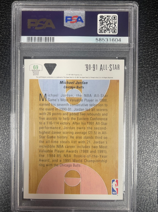 1990-91 Upper Deck Michael Jordan All-Star card #69, reverse, in a PSA holder (grade not visible).