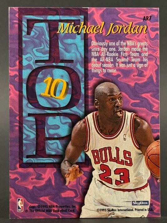 1995 SkyBox Michael Jordan AR7 trading card, featuring Jordan in a Bulls uniform.