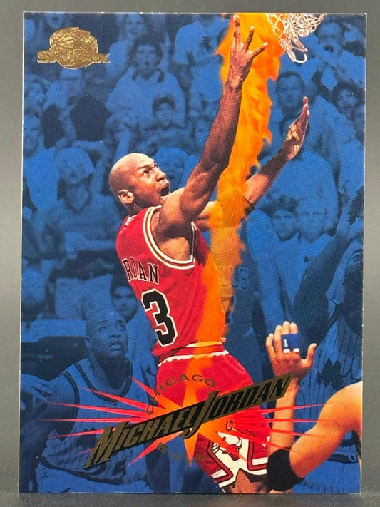 1996-97 SkyBox Michael Jordan basketball card featuring a fiery background graphic.