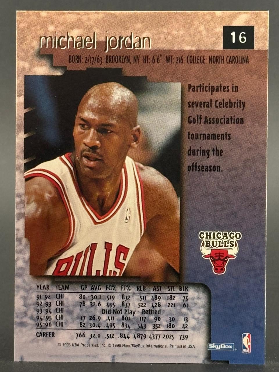 1996 Fleer SkyBox Michael Jordan trading card #16, back view showing career stats and Chicago Bulls logo.