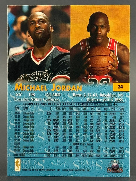 1996 Topps Stars Michael Jordan card 24, showing player photos and career stats.